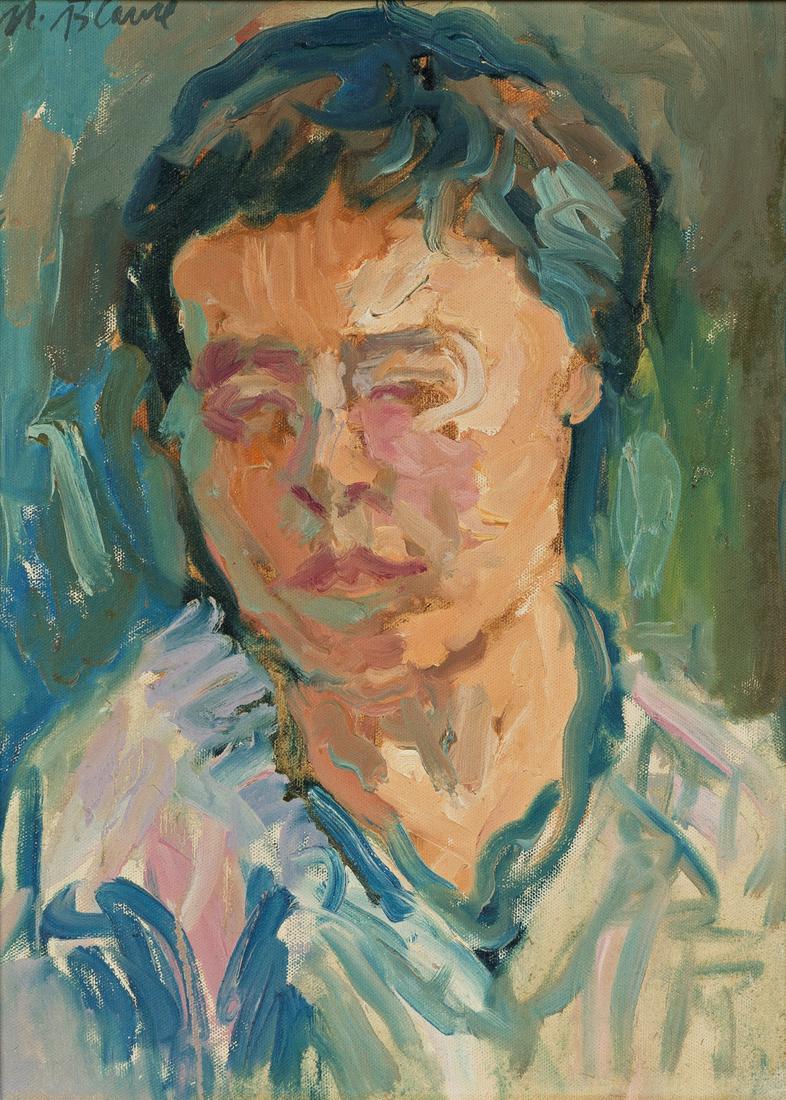 NELL BLAINE Portrait of Dilys Evans.: NELL BLAINE Portrait of Dilys Evans. Oil on canvas, 1962. 405x303 mm; 16x11 inches. Signed in oil, upper left recto, and dedicated and dated in ink, verso. Ex-collection the artist, New York; Dilys Ev