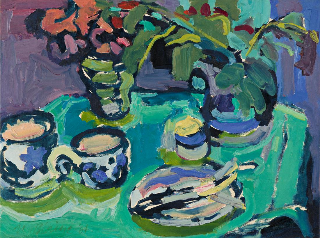 NELL BLAINE Still Life with Teacups.: NELL BLAINE Still Life with Teacups. Oil on canvas board, 1964. 300x403 mm; 11¾x16 inches. Signed and dated in oil, lower left recto, and with the artist's ink stamp, verso.Ex-collection the arti