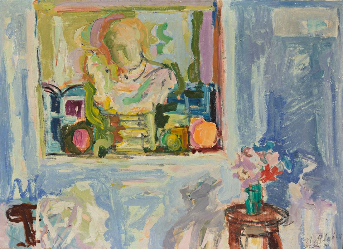 NELL BLAINE Still Life, New York.: NELL BLAINE Still Life, New York. Oil on canvas, 1963. 510x700 mm; 20x27½ inches. Signed, dated and dedicated in oil, lower right recto and with the artist's ink stamp on the upper stretcher bar,
