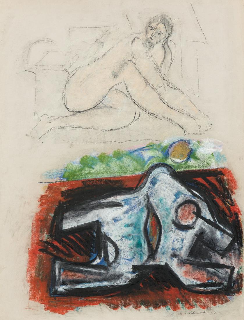 HANS BURKHARDT Two drawings.: HANS BURKHARDT Two drawings. Abstract Figure, charcoal on cream laid paper, 1939. 632x485 mm; 24x19 inches. Signed and dated in pencil and with the artist's blind stamp, lower right recto * Two Nudes,