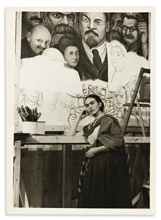 Kahlo, Frida (1907-1954) Photograph by Lucienne Bloch.: Kahlo, Frida (1907-1954) Photograph by Lucienne Bloch. Portrait, 1933. Black-and-white photograph bearing Bloch's label on the verso, "Lucienne Bloch Dimitroff" inscribed in ink, "Lenin Panel, New Wor