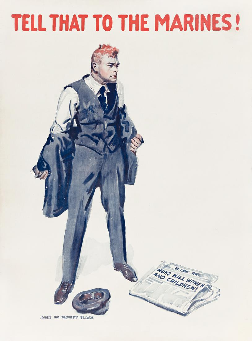 JAMES MONTGOMERY FLAGG (1870-1960). TELL THAT TO THE: JAMES MONTGOMERY FLAGG (1870-1960) TELL THAT TO THE MARINES! 1918.40¼x30 inches, 102¼x76¼ cm.Condition B: repaired tears, replaced losses, creases and overpainting in margins.The 