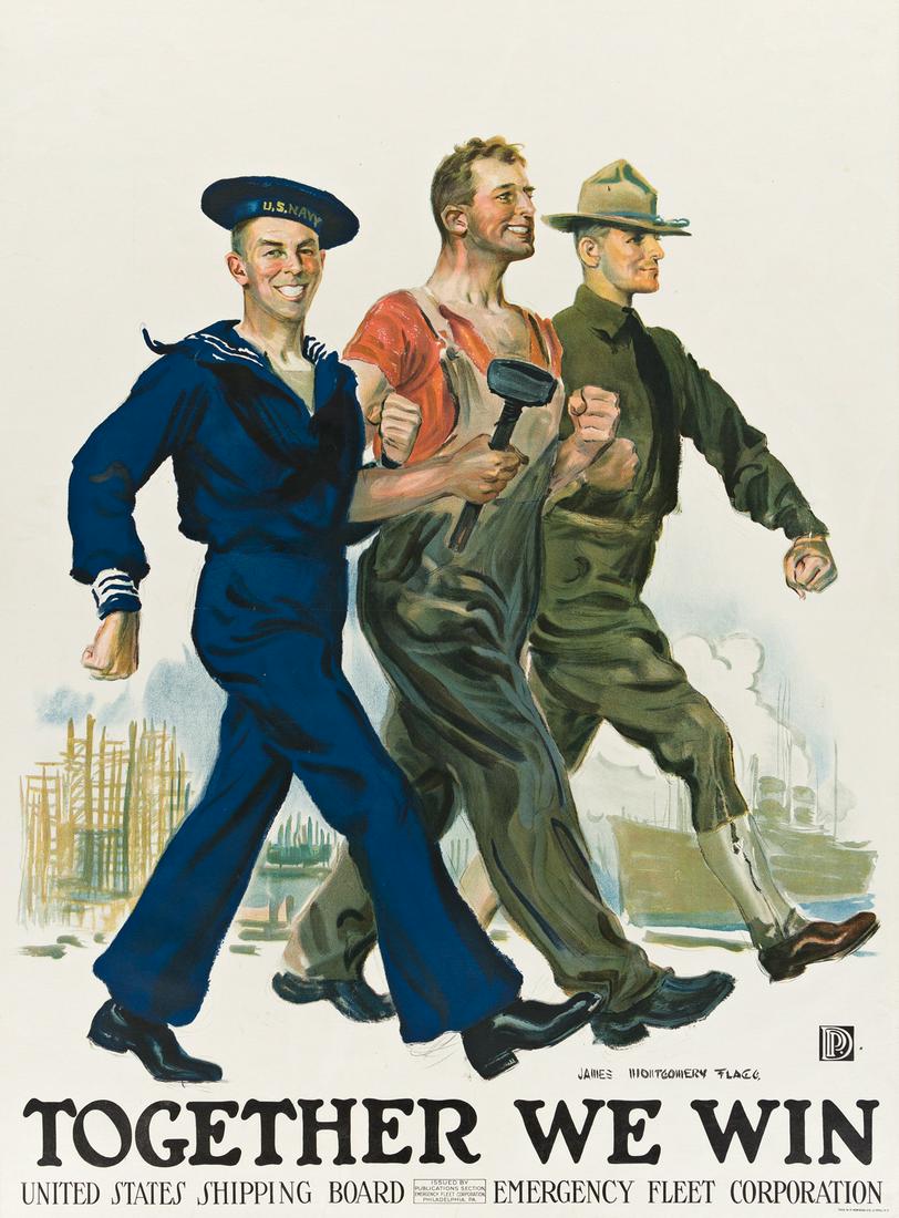 JAMES MONTGOMERY FLAGG (1870-1960). TOGETHER WE WIN.: JAMES MONTGOMERY FLAGG (1870-1960) TOGETHER WE WIN. Circa 1918.39x29 inches, 99x73½ cm. The W.F. Powers Co. Litho, New York.Condition B: repaired tears, creases, abrasions and restoration in ma