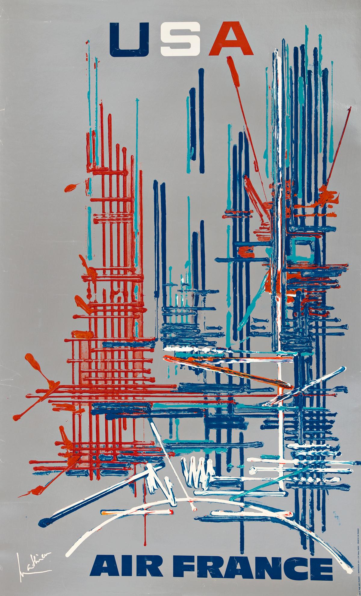 GEORGES MATHIEU (1921-2012). USA / AIR FRANCE. 1968.: GEORGES MATHIEU (1921-2012) USA / AIR FRANCE. 1968.38¾x23¼ inches, 98½x59 cm. Draeger FrÃ¨res, Paris.Condition B+: repaired tears at edges; creases and abrasions at edges and in