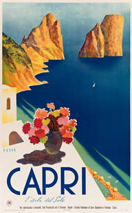 MARIO PUPPO (1905-1977).  CAPRI / L'ISOLA DEL SOLE.: MARIO PUPPO (1905-1977) CAPRI / L'ISOLA DEL SOLE. 1952.39&frac14;x24&frac14; inches, 99&frac12;x61&frac12; cm. A. Pizzi, Milan.Condition A-: minor repaired tears at edges; minor restoration over pin h