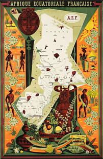 ALAIN CORNIC (1920-?). AFRIQUE EQUATORIALE FRANCAISE.: ALAIN CORNIC (1920-?) AFRIQUE EQUATORIALE FRANCAISE. Circa 1955.46x30¼ inches, 116¾x76¾ cm.Condition B+: repaired tears, creases and abrasions in margins and image.