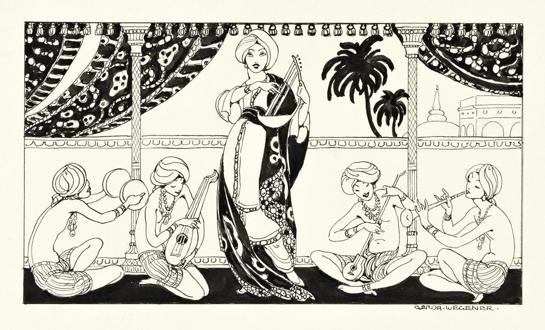 GERDA WEGENER (1886-1940) Musical harem.: GERDA WEGENER (1886-1940) Musical harem. Illustration of a quintet of female musicians in an Indian palace, from an unknown publication. Pen and ink on paper. 90x160 mm; 3½x6¼ inches. Signed