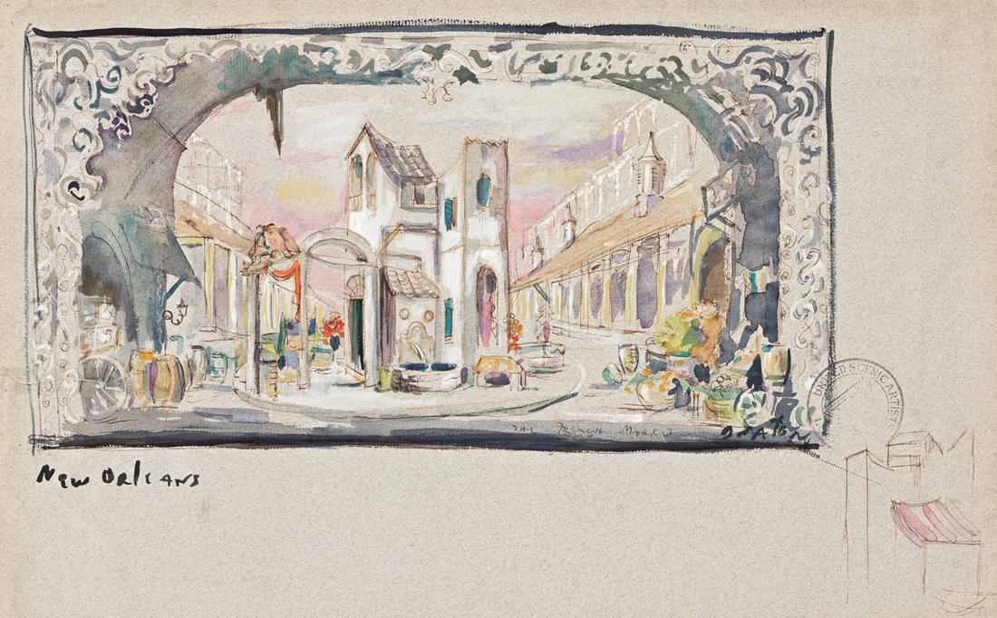 CECIL BEATON (1904-1980) "The French Market - New: CECIL BEATON (1904-1980) "The French Market - New Orleans." Original stage set illustration for the musical Saratoga, which premiered at the Winter Garden Theatre, 1959. Watercolor, wash, and ink. Wit