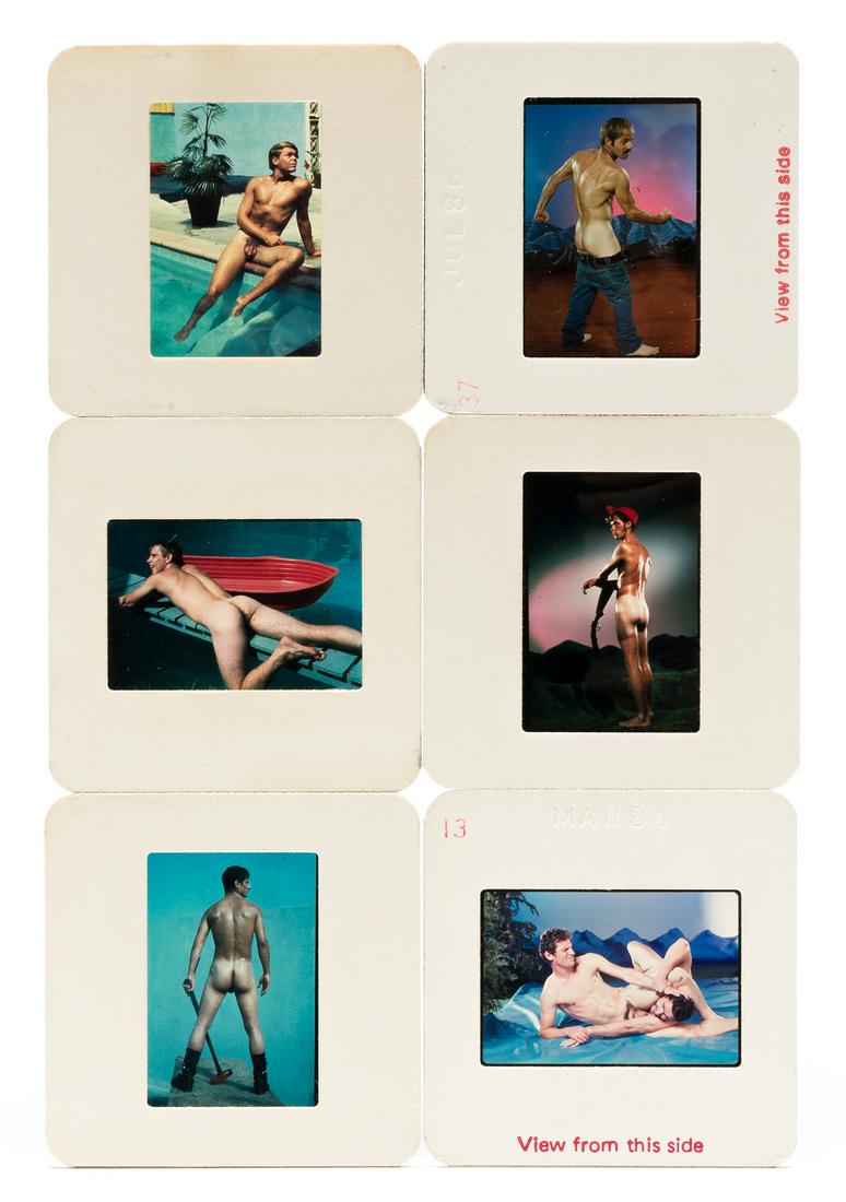 (MALE PHYSIQUE PHOTOGRAPHS) A selection of more than: (MALE PHYSIQUE PHOTOGRAPHS) A selection of more than 137 35mm slides by AMG, Bruce of LA, and others. The group includes approximately 58 slides from AMG (Athletic Model Guild 1980-86), 19 by Bruce of