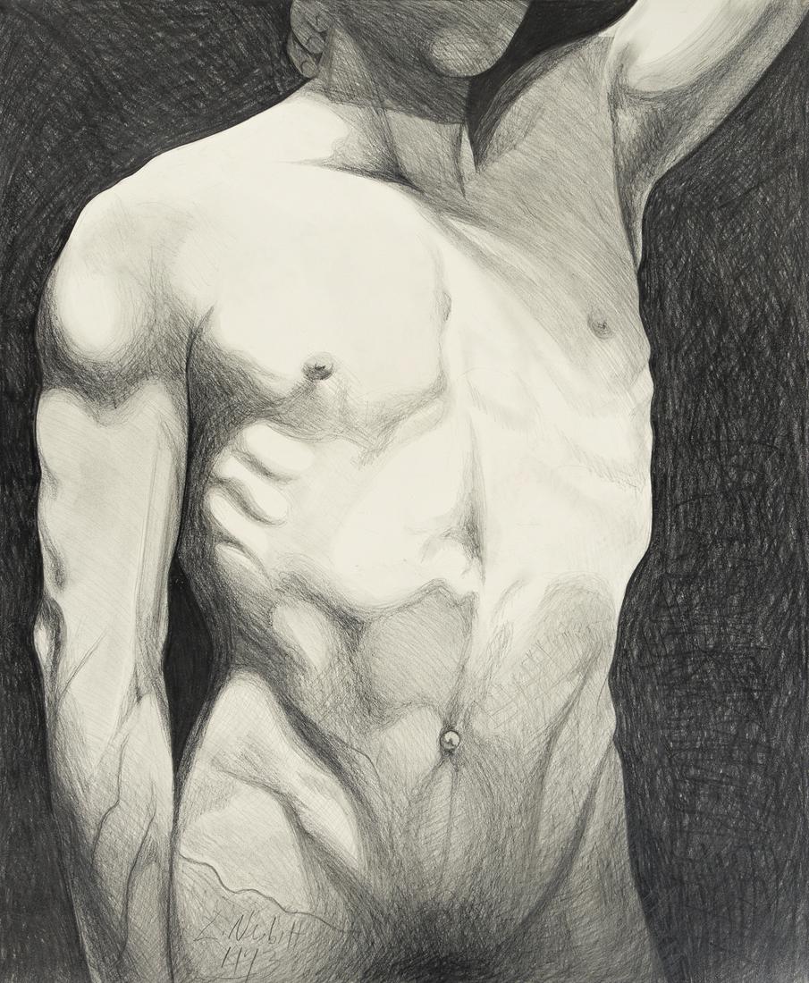 LOWELL NESBITT (1933-1993) Dominique.: LOWELL NESBITT (1933-1993) Dominique. Charcoal on board. 870x715 mm; 34x28¼ inches. Signed and dated in charcoal, lower center recto. 1973.Provenance: Charles Cowles Gallery, New York, with the l