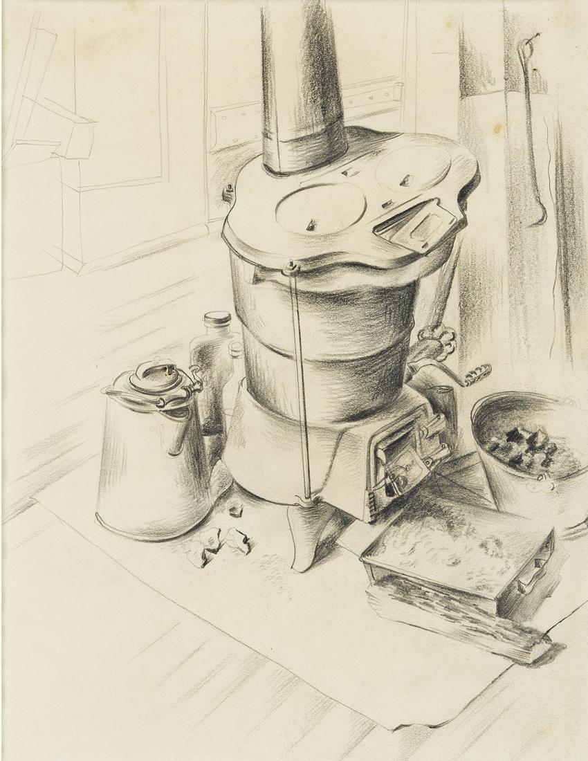 KONRAD CRAMER (1888-1963) Interior with a Stove.: KONRAD CRAMER (1888-1963) Interior with a Stove. Pencil on cream wove paper. 280x215 mm; 11x8½ inches. Circa 1930.
