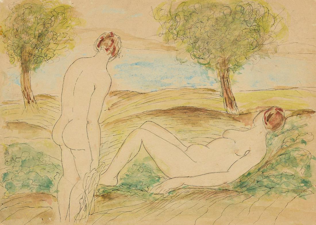 ARNOLD FRIEDMAN (1879-1946) Two watercolors.: ARNOLD FRIEDMAN (1879-1946) Two watercolors. Nudes in a Landscape, with pen and ink on card. 240x340 mm; 9½x13¼ inches * Nude Group in a Landscape, with pen and ink and heightening in gouach