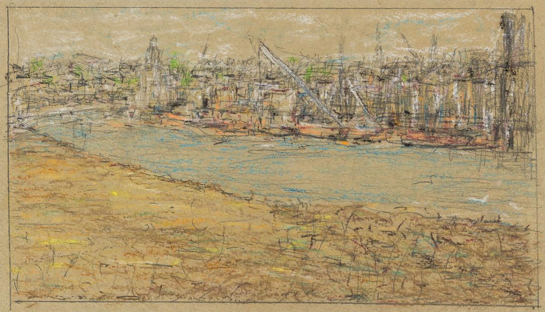 ARNOLD FRIEDMAN (1879-1946) Industrial Landscape on a: ARNOLD FRIEDMAN (1879-1946) Industrial Landscape on a River. Color pastels and pencil on tan card stock. 300x410 mm; 11¾x16 inches. Inscribed "Original drawing c 1935/by Arnold Friedman" by Eliza