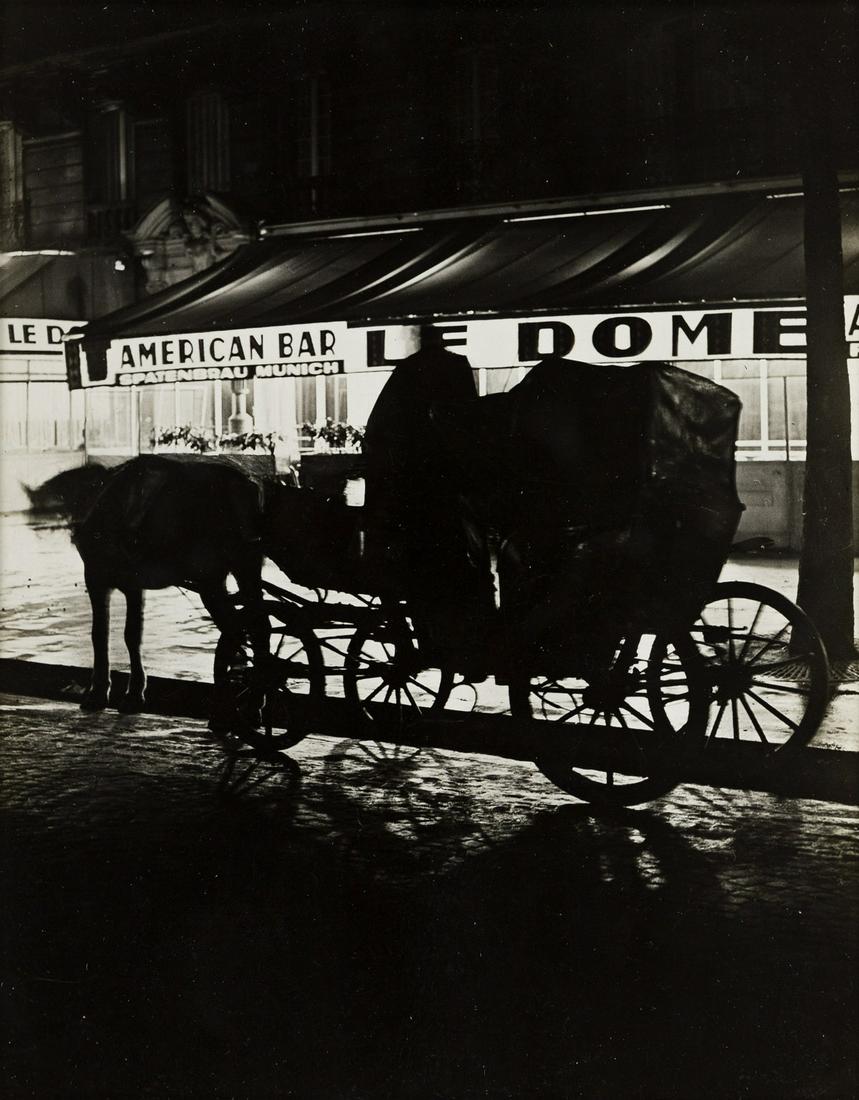 BRASSAÃ (1899-1984) Un Fiacre devant le CafÃ© Le Dome,: BRASSAÏ (1899-1984) Un Fiacre devant le Café Le Dome, Montparnasse. Silver print, the image measuring 228.6x177.8 mm; 9x7 inches, with his Photo Brassai/Gyula Halasz/74, rue de la Glaciè