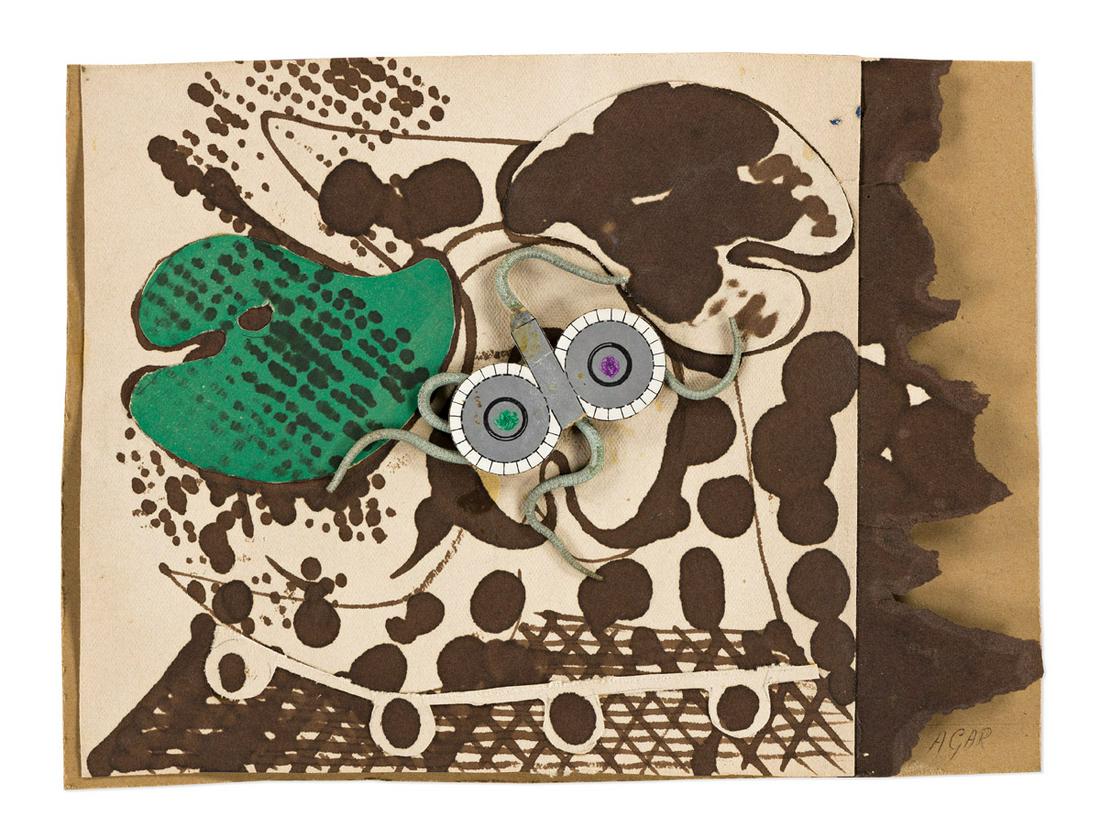 EILEEN AGAR (1899-1991) My Muse.: EILEEN AGAR (1899-1991) My Muse. Ink on paper collage and found objects on card. 155x211 mm; 6x8 inches. Signed in ink, lower right recto. 1936. Provenance: The New Art Centre, London, with the label