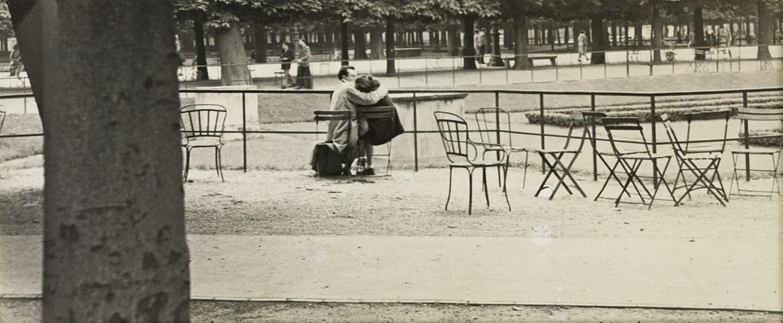 ROBERT FRANK (1924-2019) Paris (Lovers on a Bench).: ROBERT FRANK (1924-2019) Paris (Lovers on a Bench). Silver print, the image measuring 111.1x260.3 mm; 4x10¼ inches, flush mounted, with Frank's signature, in ink, and the Robert Frank Archive han