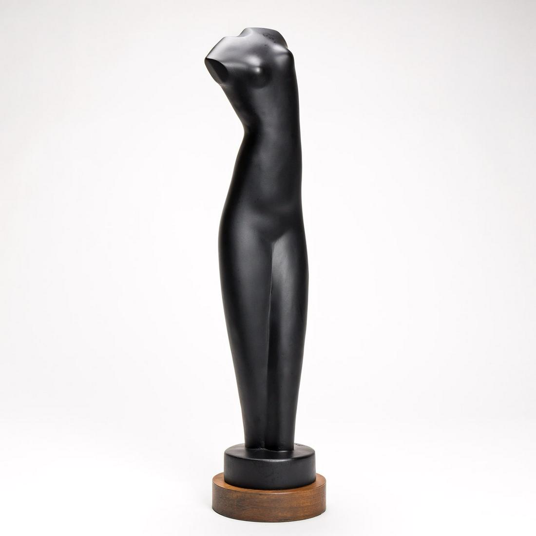 ALEXANDER ARCHIPENKO (1887-1964) Torso, Female Torso.: ALEXANDER ARCHIPENKO (1887-1964) Torso, Female Torso. Terracotta with black paint. 610x135x130 mm; 24x5x5 inches. Inscribed "Archipenko © 1948" on the base. 1948.This work is accompanied by a let