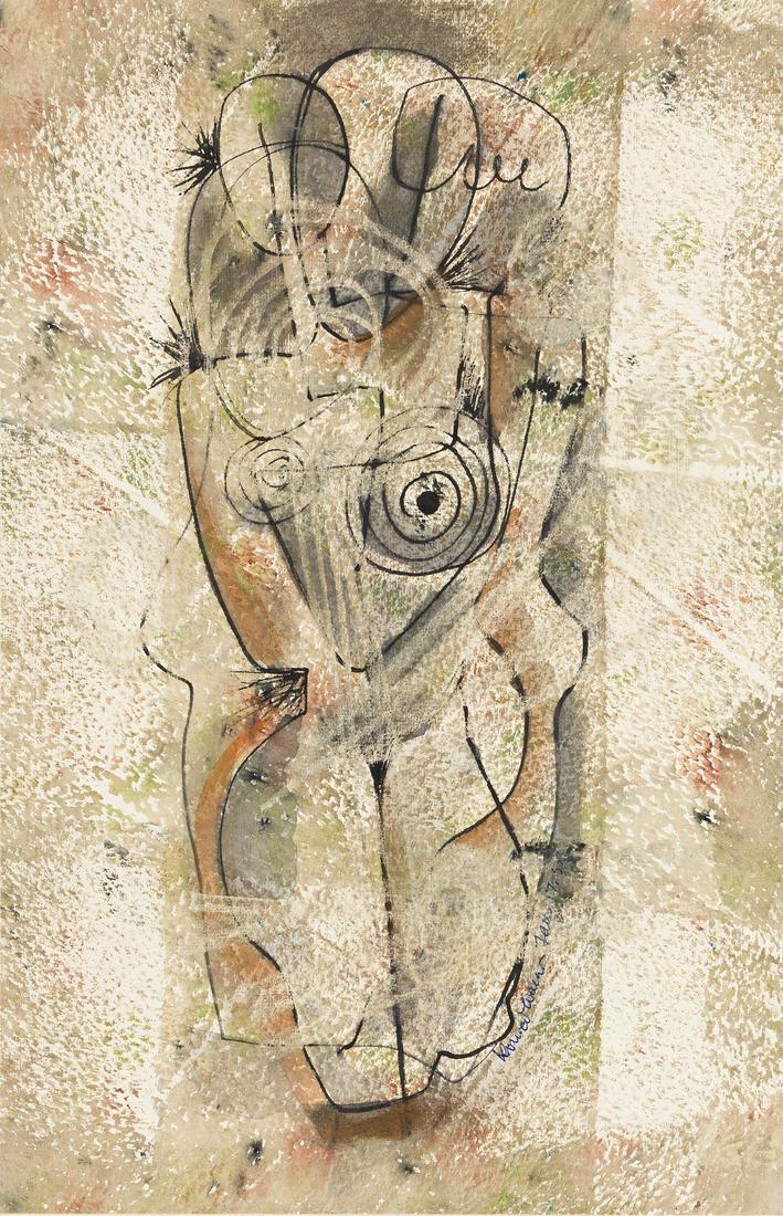 KONRAD CRAMER (1888-1963) Nude Figure.: KONRAD CRAMER (1888-1963) Nude Figure. Watercolor and brush and ink on cream wove paper mounted on thin card stock. 475x310 mm; 18¾x12 inches. Signed and dated in ink, lower right recto. 1952.