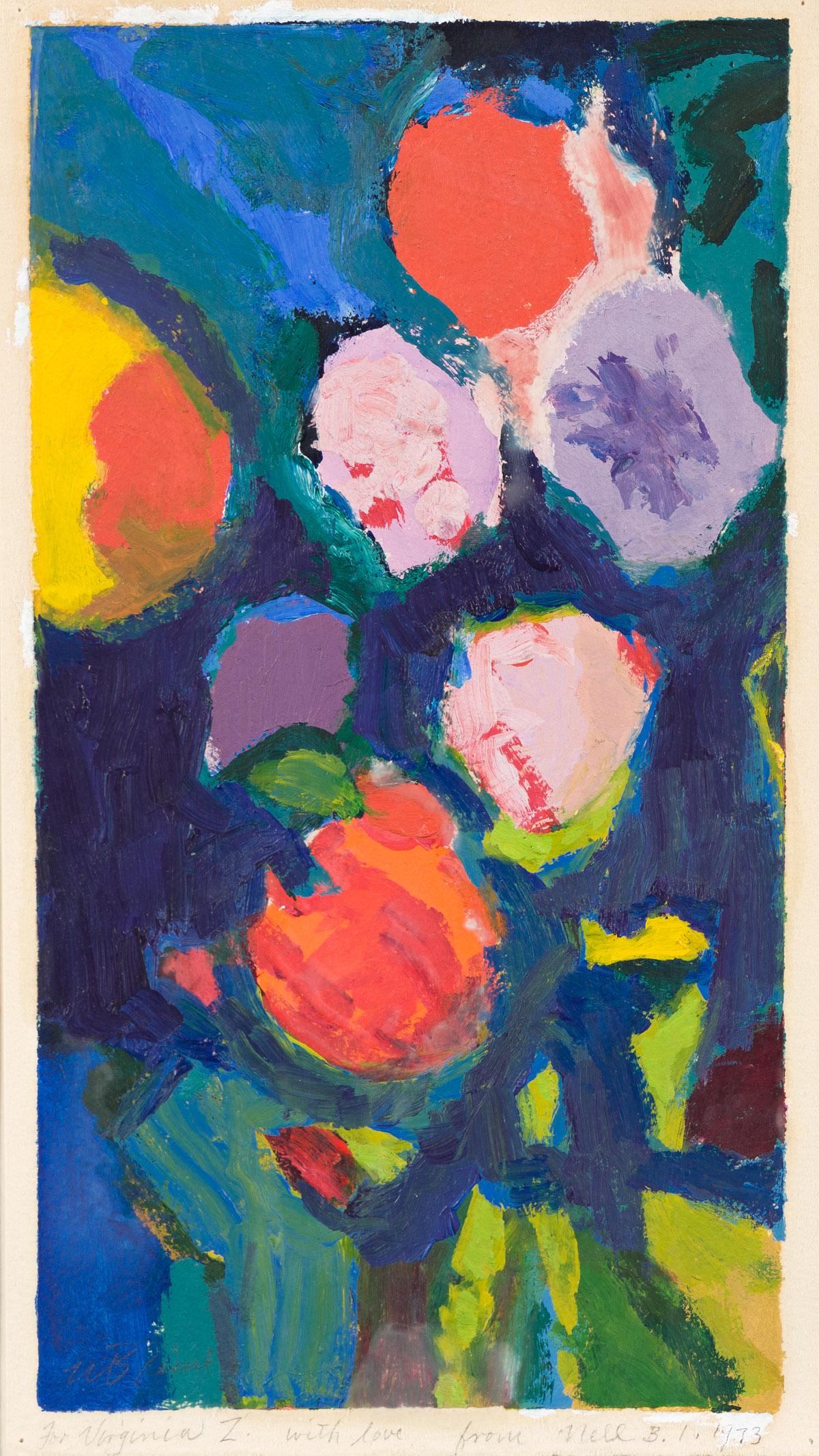 NELL BLAINE (1922-1996) Floral Abstract.: NELL BLAINE (1922-1996) Floral Abstract. Oil on paper. 262x146 mm; 10x5¾ inches. Signed, dated and dedicated to Virigina Zabriskie, lower recto. 1973.Provenance: Gifted from the artist to Virgini