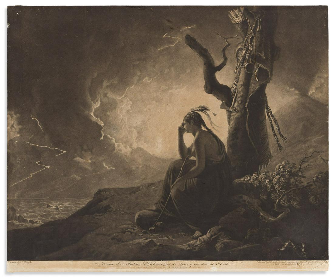(AMERICAN INDIANS.) John Raphael Smith, engraver; after: (AMERICAN INDIANS.) John Raphael Smith, engraver; after Wright. The Widow of an Indian Chief Watching the Arms of Her Deceas'd Husband. Mezzotint, 17¾ x 21¼ inches; trimmed within platem