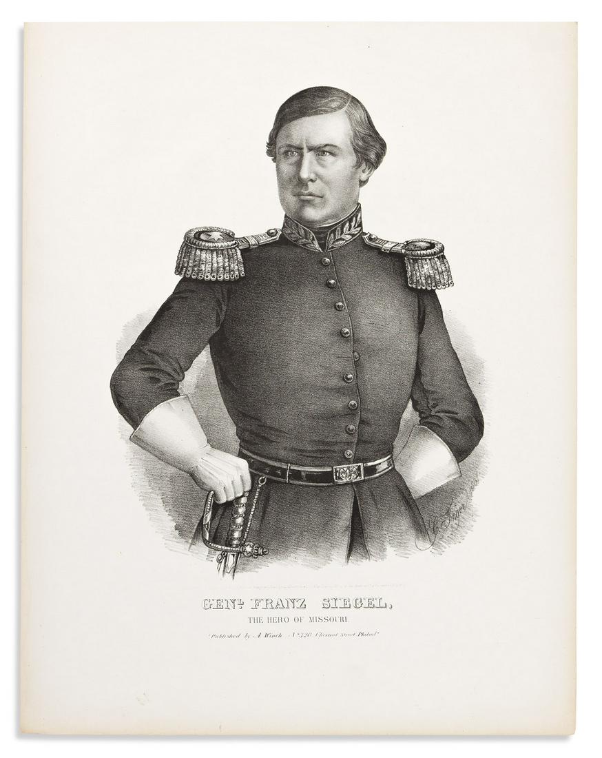 (CIVIL WAR.) C. Inger, lithographer. Genl. Franz: (CIVIL WAR.) C. Inger, lithographer. Genl. Franz Siegel, the Hero of Missouri. Lithograph, 17¼ x 13¼ inches; minimal dampstaining to left edge.Philadelphia: A. Winch, 1864A portrait 