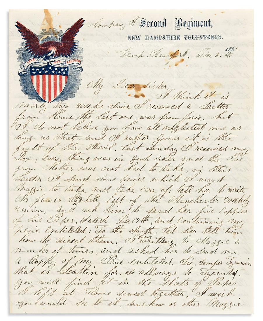 (CIVIL WAR--NEW HAMPSHIRE.) E. Norman Gunnison.: (CIVIL WAR--NEW HAMPSHIRE.) E. Norman Gunnison. Correspondence and poetry of a Bull Run private with a literary bent. 24 items in one folder: 6 Autograph Letters Signed to his sister Augusta Carlton, 