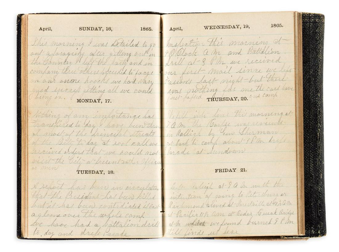 (CIVIL WAR--NEW YORK.) Augustus W. Sargent. Diary of: (CIVIL WAR--NEW YORK.) Augustus W. Sargent. Diary of Corporal Sargent on the North Carolina campaign. 121 manuscript diary pages plus 22 pages of cash accounts and memoranda. 16mo, original limp calf,