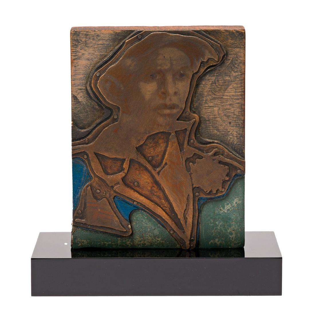 BETYE SAAR (1926 - ) Untitled.: BETYE SAAR (1926 - ) Untitled. Mixed media assemblage, including photogravure copper plate on one side and copper repousse and collage on the other, on a wooden block, 1978. 140x108x13 mm; 5½x4&#