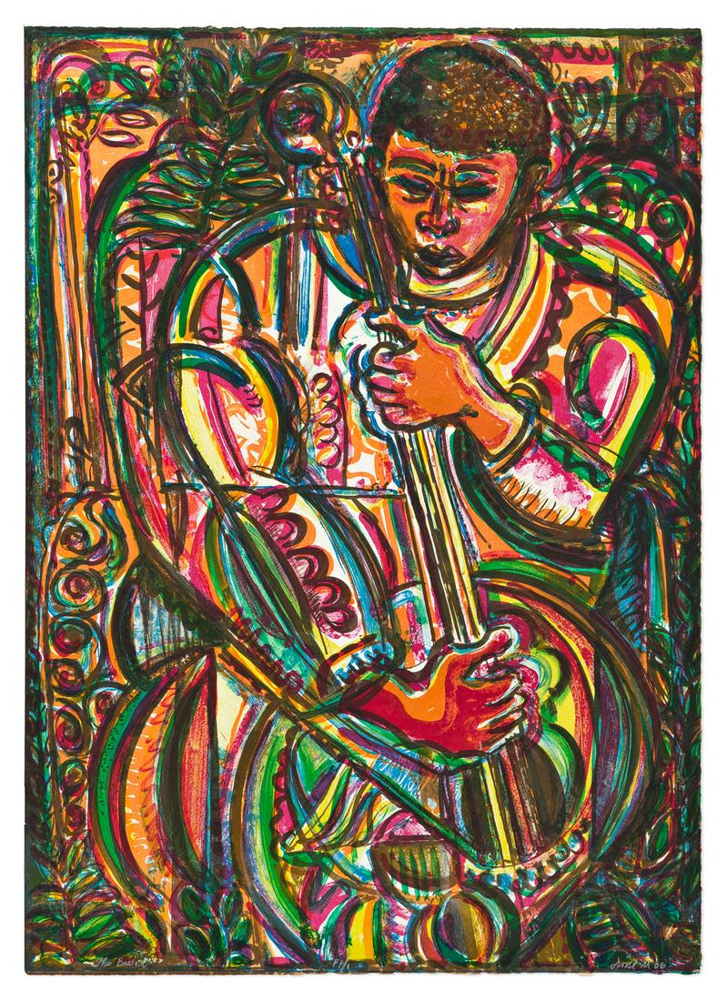 DAVID C. DRISKELL (1931 - 2020) The Bassist.: DAVID C. DRISKELL (1931 - 2020) The Bassist. Color lithograph, 2006. 760x540 mm; 29¾x21¼ inches, full margins. Printer's proof, aside from the edition of 80. Signed, titled, dated and number