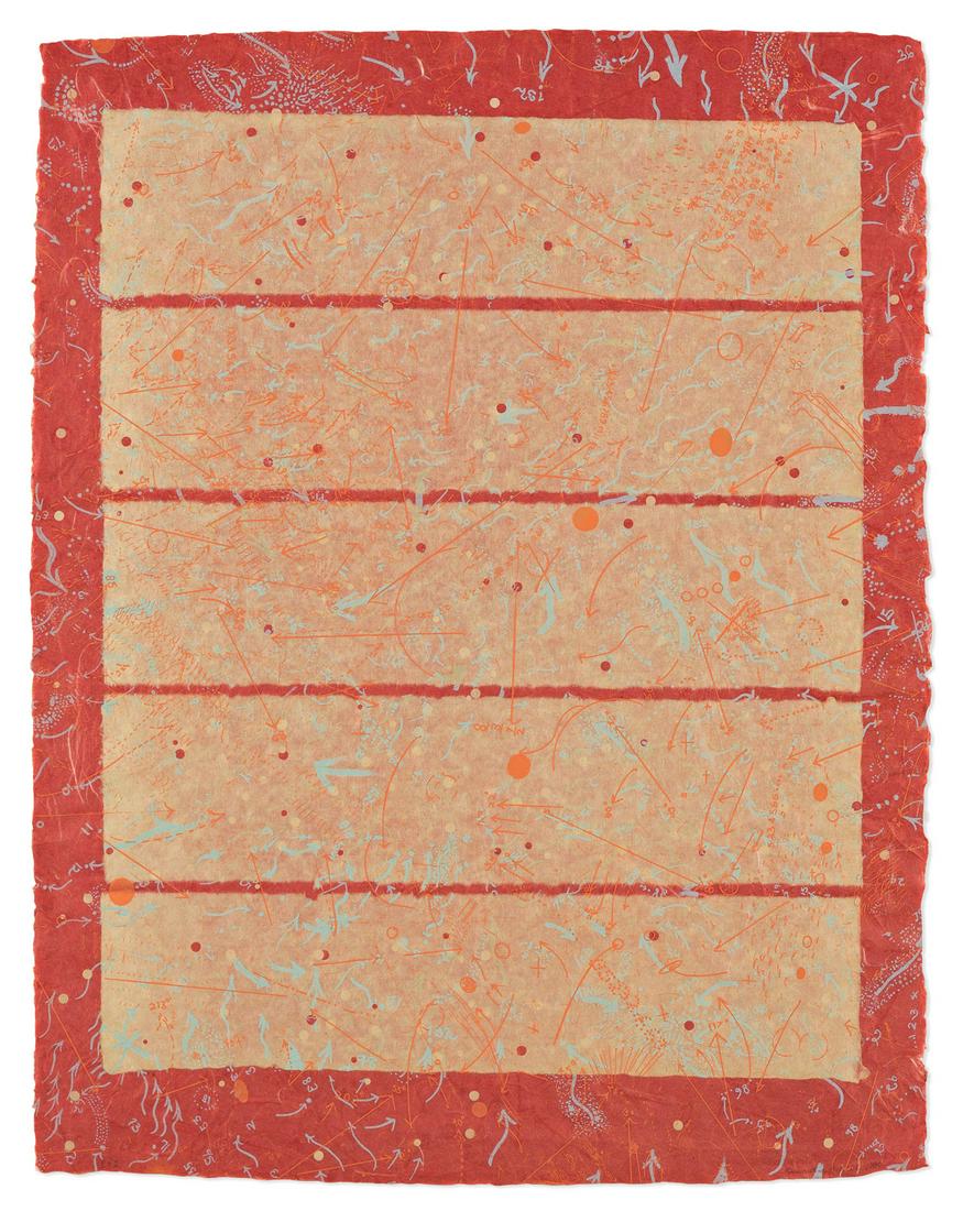 HOWARDENA PINDELL (1943 - ) Kyoto (Positive/Negative).: HOWARDENA PINDELL (1943 - ) Kyoto (Positive/Negative). Color lithograph and etching on dyed Japan paper with five sheets of laminated Kinwashi paper, 1980. 673x521 mm; 26½x20½ inches. Printe