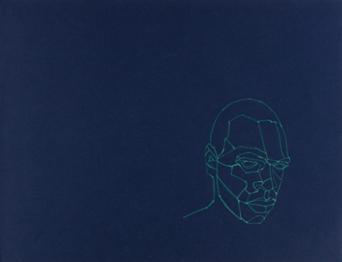 KORI NEWKIRK (1970 - ) Untitled (Male Head).: KORI NEWKIRK (1970 - ) Untitled (Male Head). Bleach on blue paper, 2009. 495x647 mm; 19½x25½ inches. Signed and dated in pencil, verso.Provenance: collection of the artist; private collectio