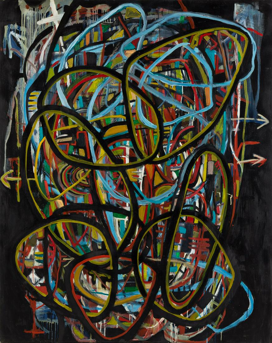 DANNY SIMMONS (1953 - ) Confluence of Grievances.: DANNY SIMMONS (1953 - ) Confluence of Grievances. Oil on cotton canvas, 2012. 1524x1219 mm; 60x48 inches. Signed, titled and dated in ink, upper left verso.Provenance: private collection.This vibrant