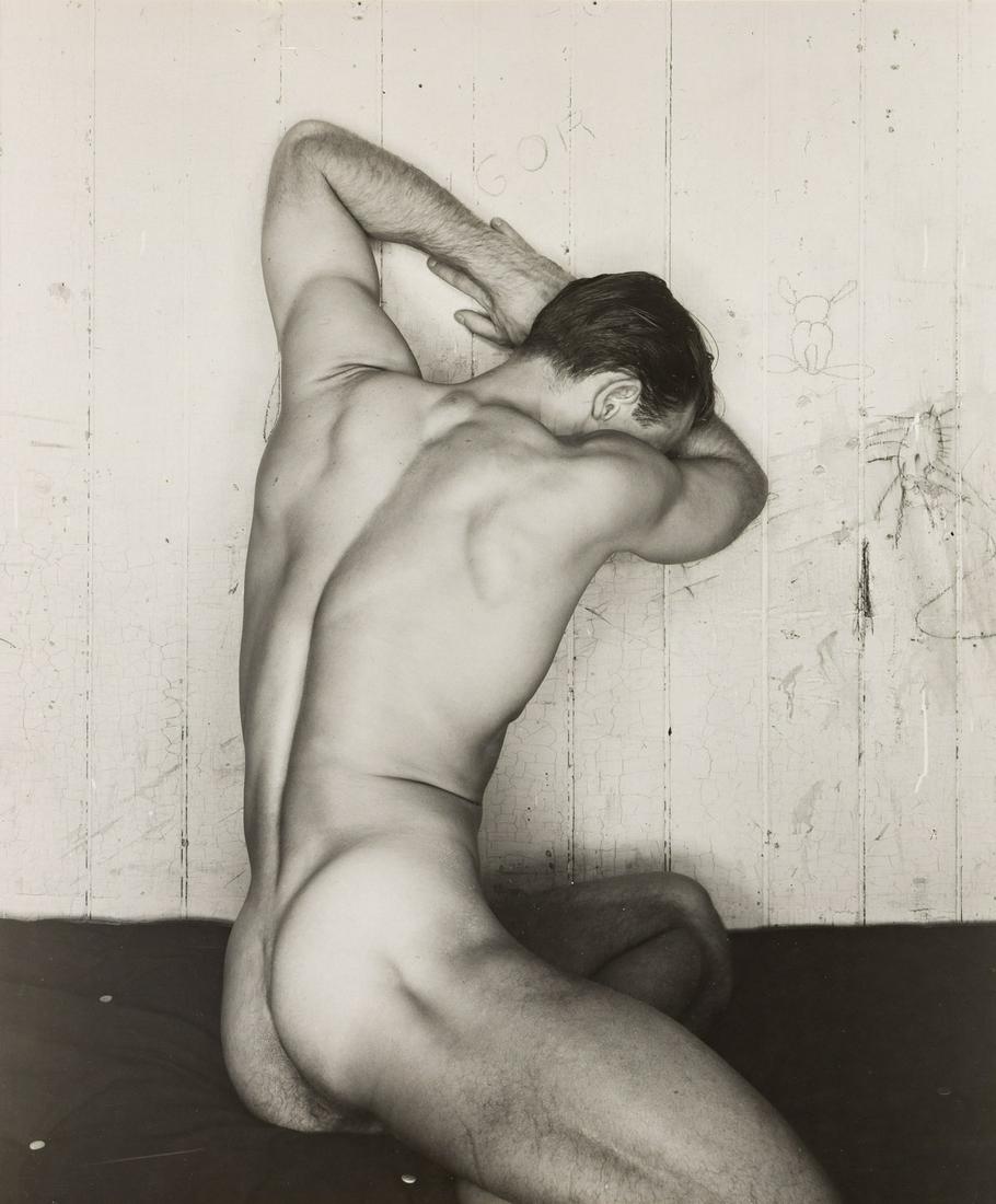 GEORGE PLATT LYNES (1907-1955) Male nude study.: GEORGE PLATT LYNES (1907-1955)Male nude study. Silver print, the image measuring 9x7½ inches (22.9x19.1 cm.), with a "Vintage Photograph Collection of Bernard Perlin" hand stamp, and the date,