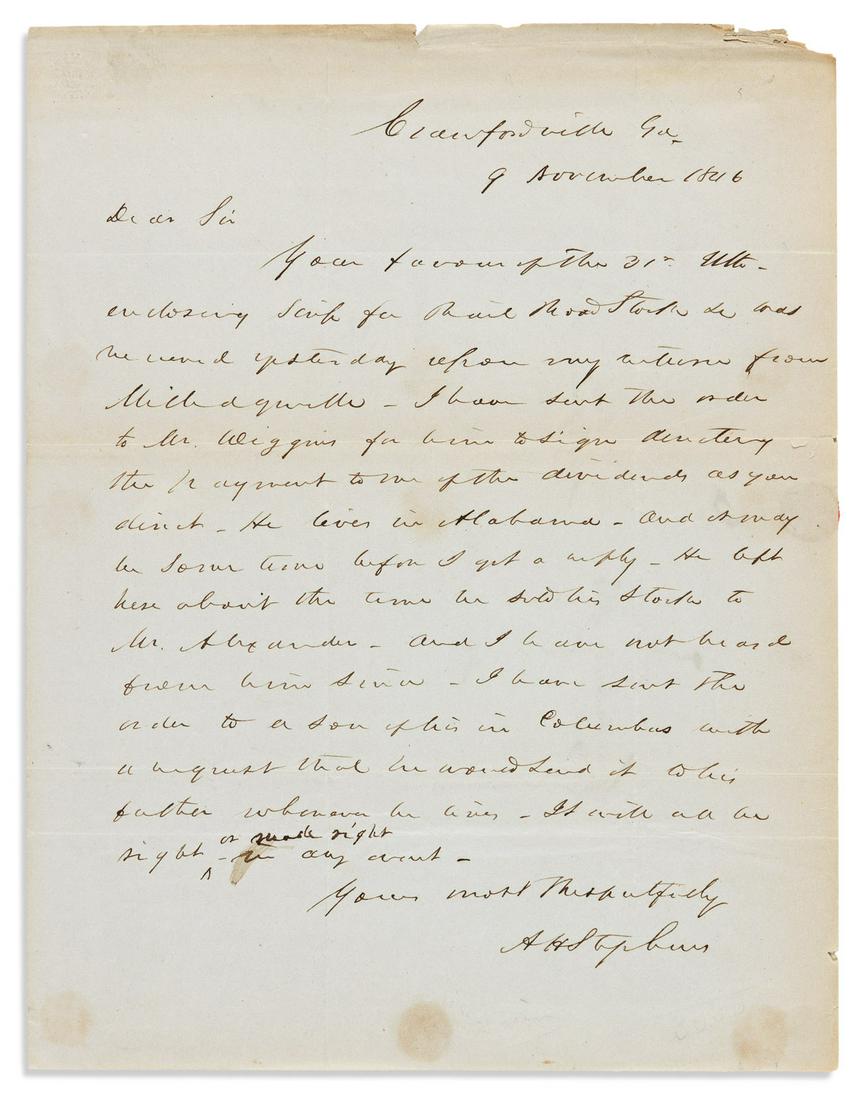 STEPHENS, ALEXANDER H. Two letters: Autograph Letter: STEPHENS, ALEXANDER H. Two letters: Autograph Letter Signed, "AHStephens" twice * Letter Signed, with 6-line holograph postscript additionally Signed, "A.H.S." The first, to John Walker Wilde, acknowl
