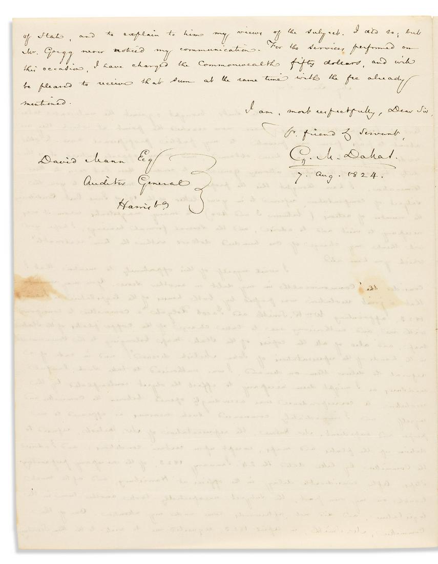 DALLAS, GEORGE MIFFLIN. Autograph Letter Signed, "G.M.: FAILS TO GET MAPS FROM JOHN MELISH BELONGING TO PENNSYLVANIA DALLAS, GEORGE MIFFLIN. Autograph Letter Signed, "G.M. Dallas," to Auditor General David Mann, describing various services he performed for