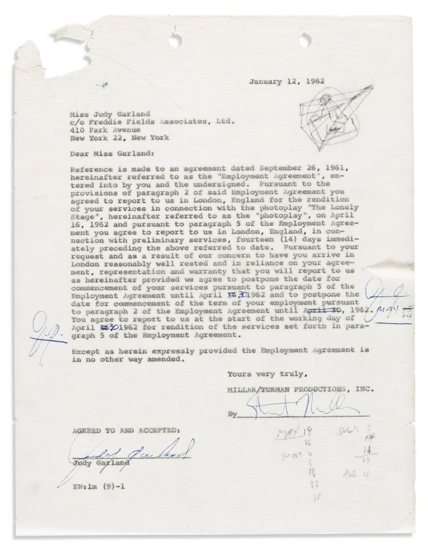 GARLAND, JUDY. Typed Document Signed, thrice ("J.G." or (1 of 2)