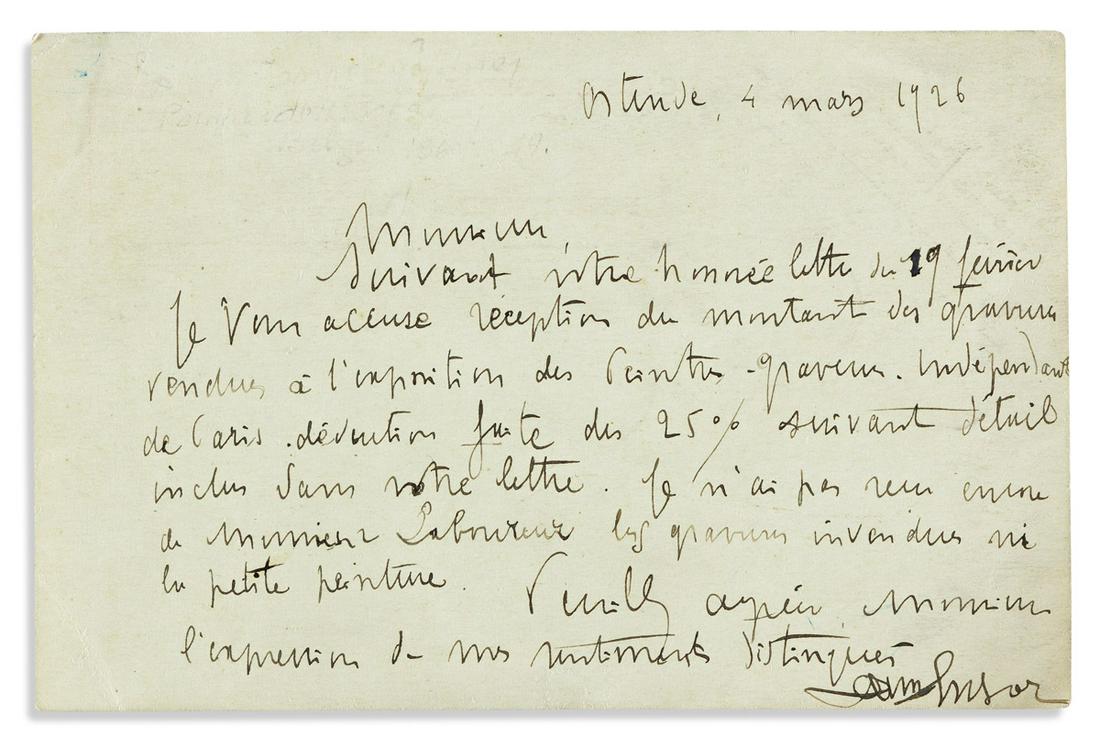 ENSOR, JAMES. Autograph Letter Signed, to Mr. J. (1 of 1)
