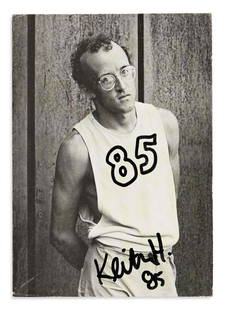 HARING, KEITH. Photograph postcard Signed, with both a: HARING, KEITH. Photograph postcard Signed, with both a small ink drawing and holograph address to Michael Levin on verso, announcing the preview for Haring's 1984 exhibition at Galerie Corinne Hummel