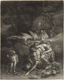 WALLERANT VAILLANT (after Quellinus) Venus Mourning the: WALLERANT VAILLANT (after Quellinus)Venus Mourning the Dead Adonis.Mezzotint, circa 1665. 383x310 mm; 15¼x12¼ inches. Third state (of 3). A very good, richly-inked impression of this extreme