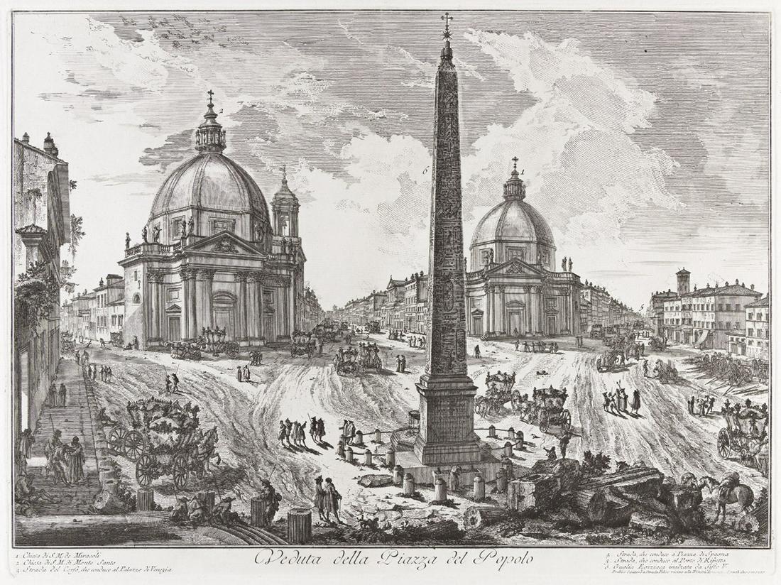 GIOVANNI B. PIRANESI Veduta della Piazza del Popolo.: GIOVANNI B. PIRANESI Veduta della Piazza del Popolo. Etching, 1750. 403x542 mm; 16x21½ inches, wide margins. Third state (of 7), with the address and price. Fleur-de-lys in a double-circle waterm