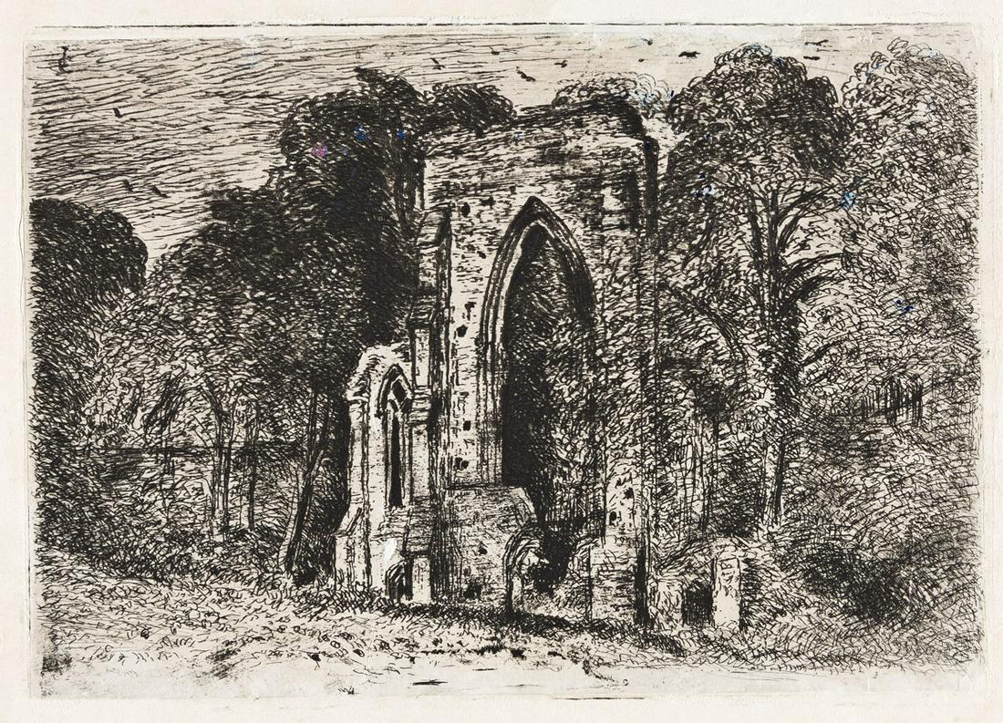 JOHN CONSTABLE The Ruins of Netley Abbey.: JOHN CONSTABLE The Ruins of Netley Abbey. Etching and drypoint on Chine collé, circa 1825. 133x190 mm; 5¼x7½inches, full margins. A superb, richly-inked impression of this extremely sca