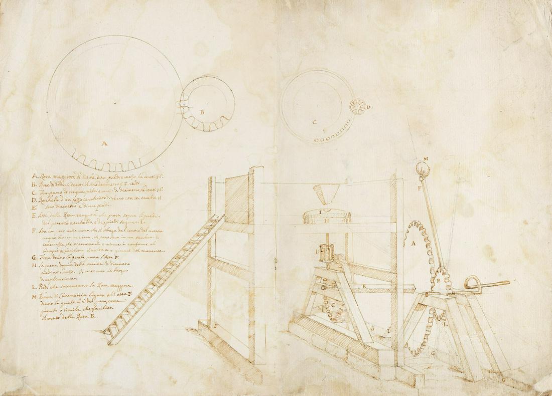 FRANCESCO DI GIORGIO MARTINI AND WORKSHOP (Siena: FRANCESCO DI GIORGIO MARTINI AND WORKSHOP (Siena 1439-1502 Siena) Two drawings of machinery. Both pen and ink and pencil on cream laid paper. Both approximately 380x525 mm; 15x20¾ inches, the ful