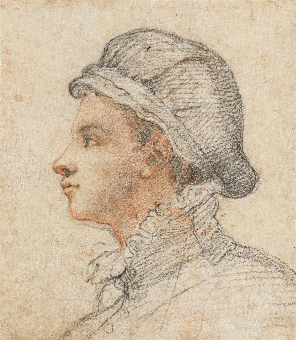 FEDERICO ZUCCARO (Sant'Angelo in Vado 1540/1-1609: FEDERICO ZUCCARO (Sant'Angelo in Vado 1540/1-1609 Ancona) Bust-length Portrait of a Young Man in Profile, looking left. Black and red chalk on cream laid paper. 82x74 mm; 3¼x3 inches.Provenance: