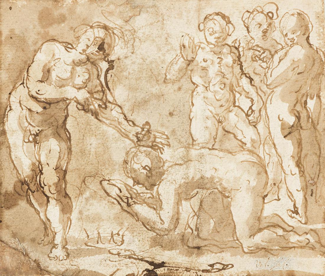 JACOPO PALMA, IL GIOVANE (Venice 1544-1628 Venice) The: JACOPO PALMA, IL GIOVANE (Venice 1544-1628 Venice) The Return of Agamemnon. Pen and brown ink and wash on cream laid paper. 145x165mm; 5¾x6½ inches.Provenance: Private collection, Massachuse