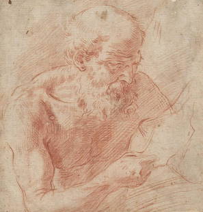 SIMONE CANTARINI (Pesaro 1612-1648 Verona) St. Jerome.: SIMONE CANTARINI (Pesaro 1612-1648 Verona) St. Jerome. Red chalk on cream laid paper. 201x193 mm; 7¾x7½ inches.Provenance: Count Francesco Lovatelli, Ravenna; Count E. R. Lamponi-Leopardi, F