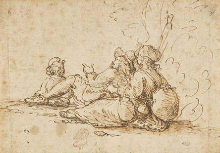 GIOVANNI FRANCESCO GRIMALDI (Bologna 1606-1680 Rome): GIOVANNI FRANCESCO GRIMALDI (Bologna 1606-1680 Rome) Three Travellers at Rest. Pen and ink and wash. 125x177 mm; 5x7 inches.Provenance: Nathaniel Hone (Lugt 2793, lower right recto); unidentified coll