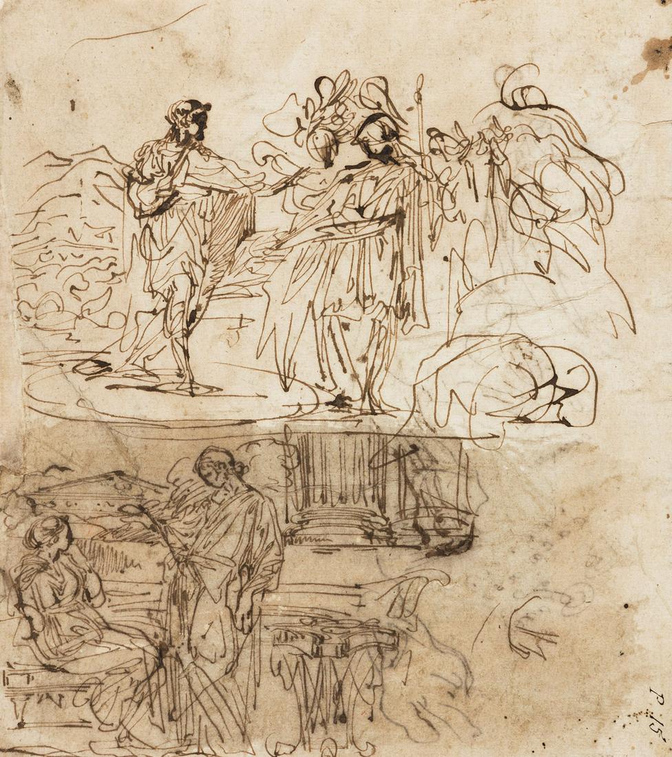 PIER FRANCESCO MOLA (Coldrerio 1612-1666 Rome) Sheet of: PIER FRANCESCO MOLA (Coldrerio 1612-1666 Rome) Sheet of Studies with Scenes from Antiquity. Pen and brown ink on cream laid paper. 225x198 mm; 8¾x7¾ inches.Provenance: Private collection, Ma