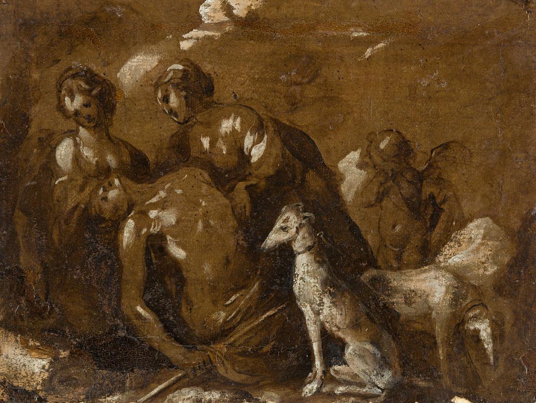 BARTOLOMEO BISCAINO (Genoa 1632-1657 Genoa) The Death: BARTOLOMEO BISCAINO (Genoa 1632-1657 Genoa) The Death of Adonis. Oil on paper mounted on card stock. 222x290 mm; 9x11½ inches. Inscribed "Di Giulio Cesare Procaccino" in ink on the mount verso.Pr