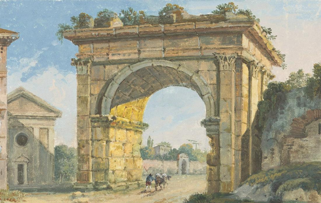 CARLO LABRUZZI (Rome 1748-1817 Perugia) Group of 4: CARLO LABRUZZI (Rome 1748-1817 Perugia) Group of 4 gouache drawings with Roman sites. Avanzo del Tempio della Concordia * Cascatelle nella Villa Maecenas a Tivoli * Tempio della Fortuna Virile * Arco