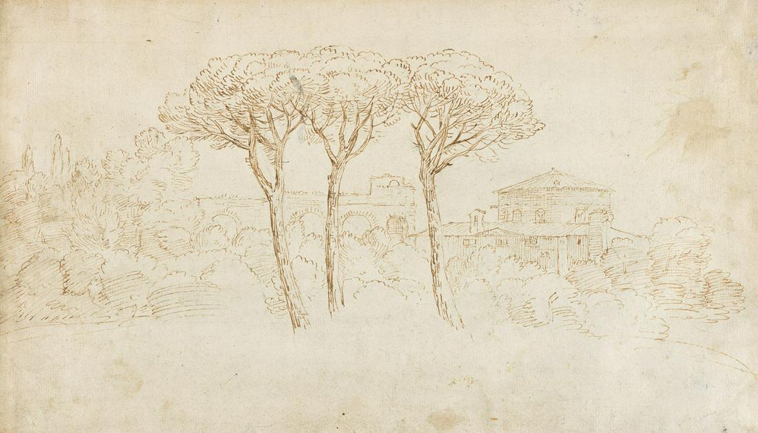 GASPAR VAN WITTEL (Amersfoort 1653-1736 Rome) A View on: GASPAR VAN WITTEL (Amersfoort 1653-1736 Rome) A View on the Via Appia on the Outskirts of Rome. Pen and brown ink on cream laid paper. 260x396 mm; 10¼x15¾ inches (irregular upper edge). Six-